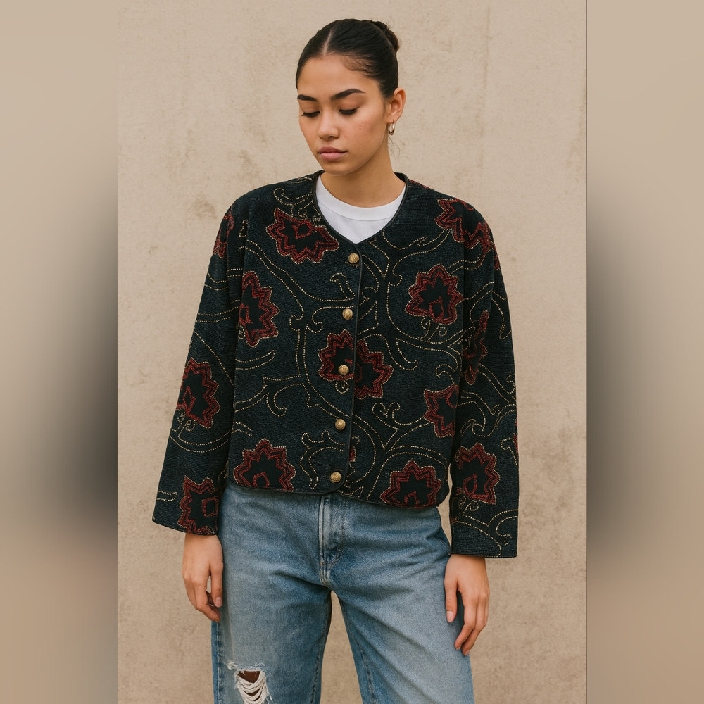 90s Vintage Separate Scene Floral Velvet Tapestry Blazer Jacket M Made in 🇨🇦